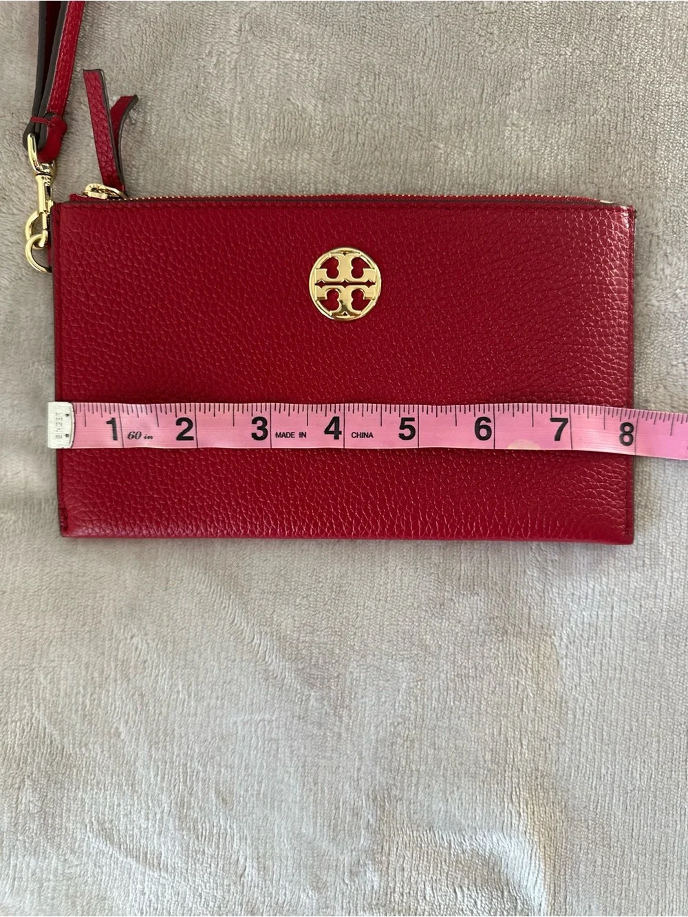 Tory Burch Red Pebbled Leather Wristlet with Gold Logo